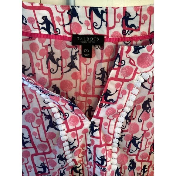 Talbots Monkey Print Tunic Top Sz 2X Pink White Embroidered - Picture 4 of 10